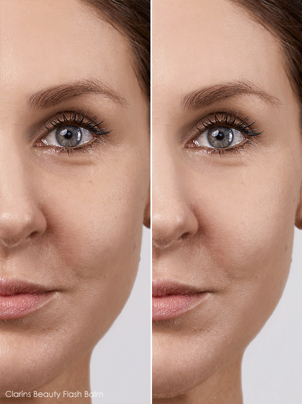 Gif of model holding Clarins Beauty Flash Balm and before and after application image