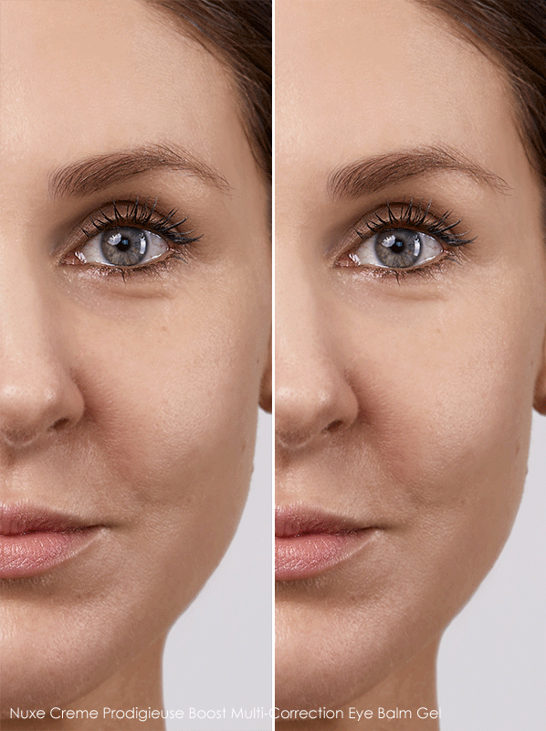 Gif of model holding Nuxe Creme Prodigieuse Boost Multi-Correction Eye Balm Geland before and after application image