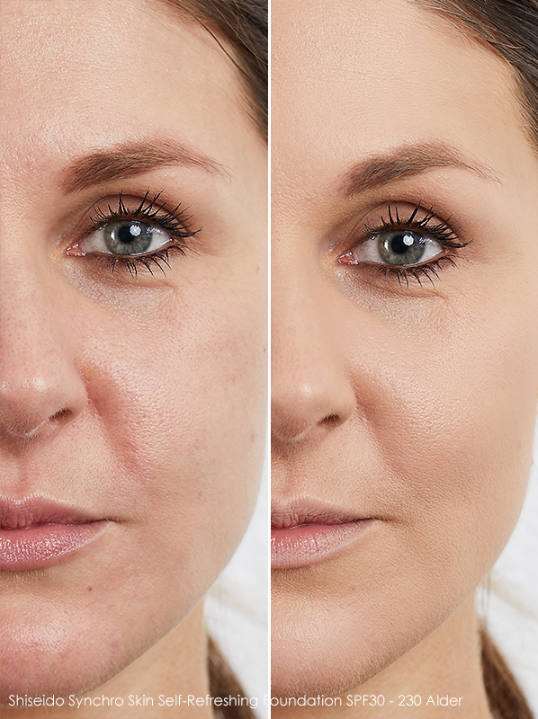 Before and After Image of model wearing Shiseido Synchro Skin Self-Refreshing Foundation SPF30 in 230 Alder