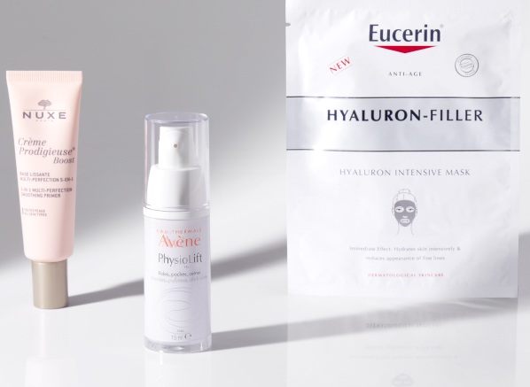 3 ways to look more awake with skincare: avene physiolift eyes, eucerin hyaluron filler mask, nuxe creme boost primer