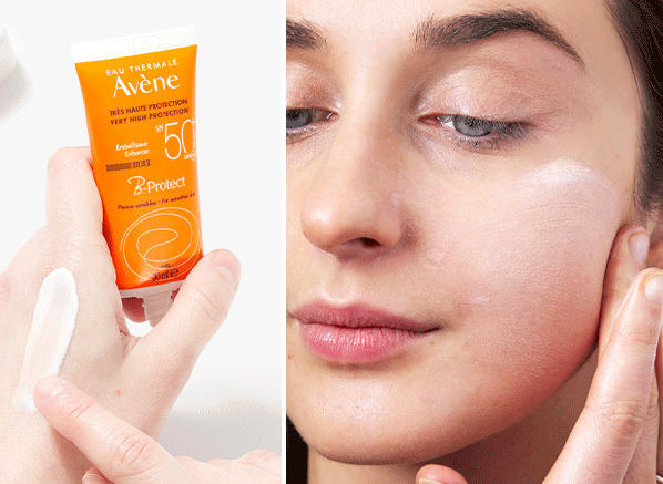 Model image of Avene Sun Care Very High Protection B-Protect SPF50+ swatch on the skin 