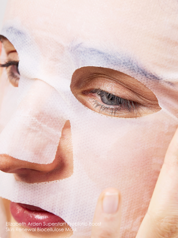 postbiotic skincare: Model image of Elizabeth Arden Probiotic Boost Skin Renewal Biocellulose Mask 4 Masks