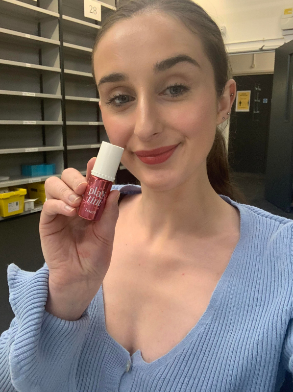  Model holding a new 2021 beauty release: Benefit Playtint Pink Lemonade Lip Cheek Stain