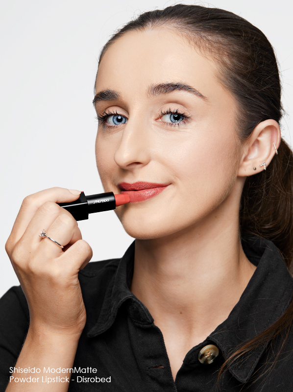 Best rosy nude lipstick: swatch of Shiseido ModernMatte Powder Lipstick in shade disrobed on lips
