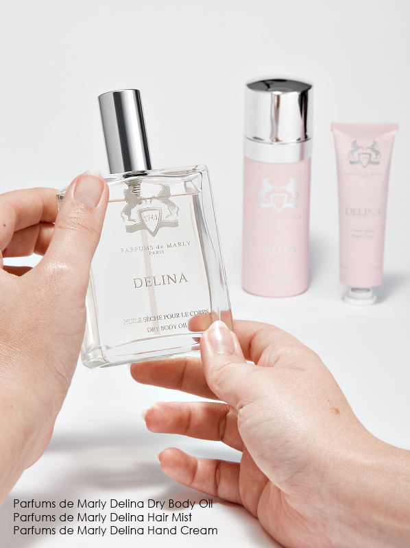 Review of Delina: Parfums de Marly Delina body oil, Delina hair mist, Delina hand cream