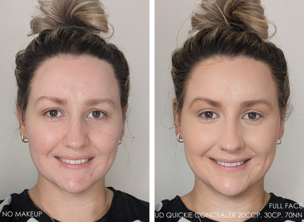 before and after using urban decay quickie concealer to conceal, contour and highlight skin