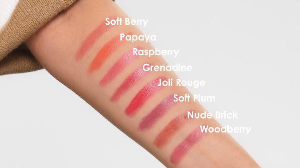 Clarins Joli Rouge Shine Lipstick Swatches (L-R) 705 - Soft Berry, 711 - Papaya, 723 - Raspberry, 732 - Grenadine, 742 - Joli Rouge, 744  - Soft Plum. 757  - Nude Brick:, 759 - Woodberry:
