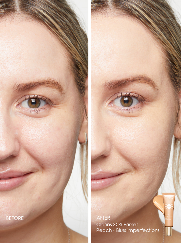 Before and After of Chelsey using Clarins SOS Primer in peach to hide imperfections