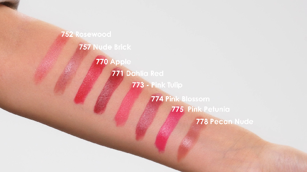 Clarins Joli Rouge Lipstick Swatches (L-R) 752 - Rosewood, 757 - Nude Brick, 770 - Apple, 771 - Dahlia Red, 773 - Pink Tulip, 774 - Pink Blossom, 775 - Pink Petunia, 778 - Pecan Nude