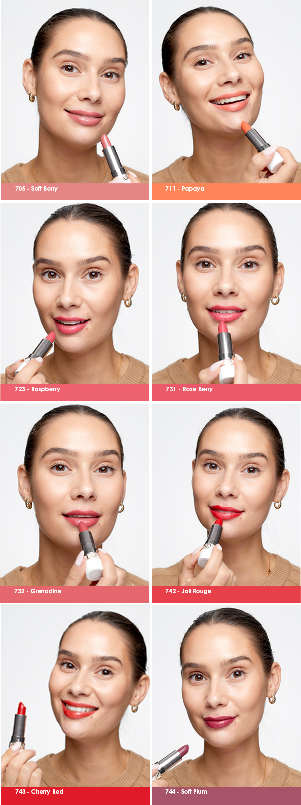 Clarins Joli Rouge Lipstick Swatches (L-R) 742 - Soft Berry, 711 - Papaya, 723 - Raspberry, 731 - Rose Berry, 732 - Grenadine, 742 - Joli Rouge, 743 - Cherry Red, 744 - Soft Plum: