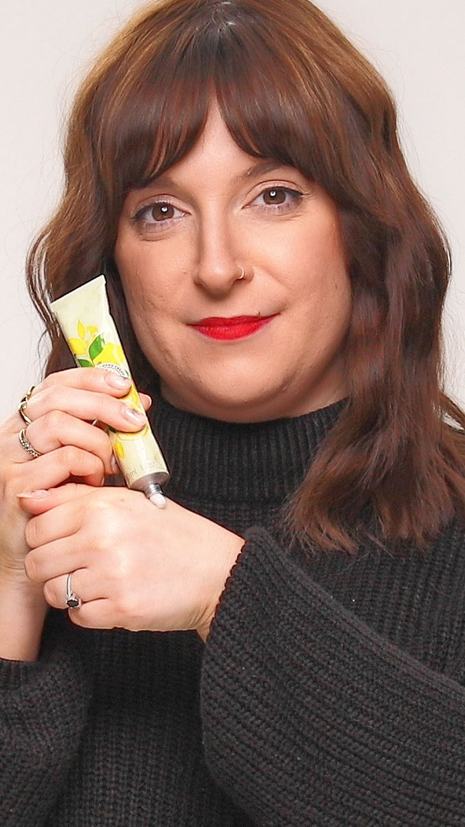 Corinne holding Cedrat Hand Cream for review