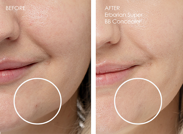Before and after using Erborian Super BB Concealer in clair